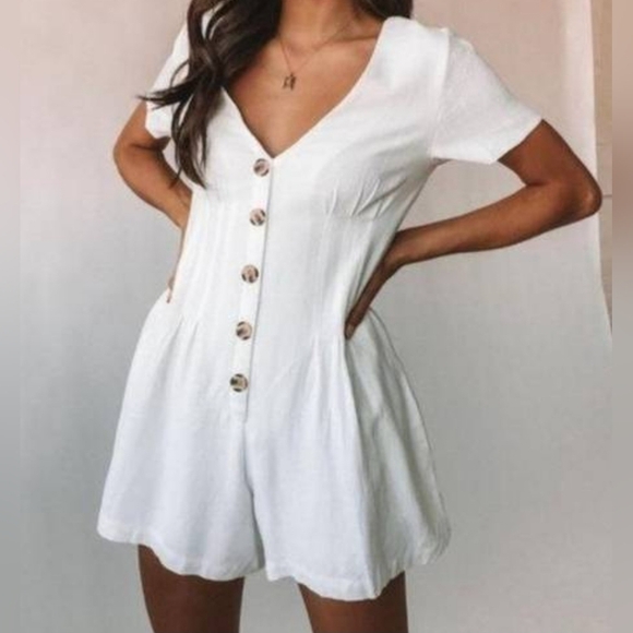Princess Polly Adi White Linen Romper with Pockets short sleeve size 4 - Picture 5 of 8